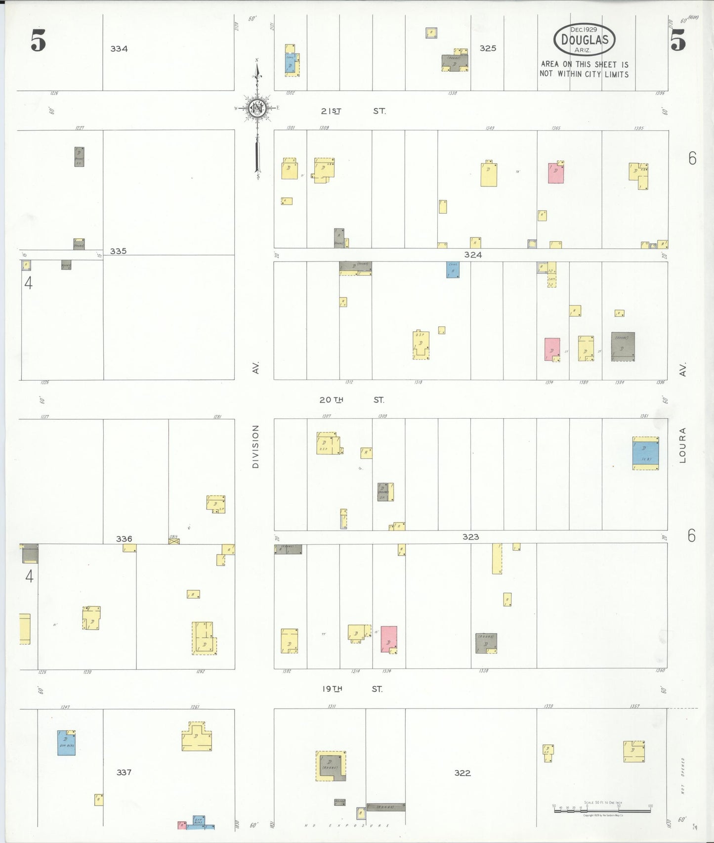 Sanborn Fire Insurance Map from Douglas, Cochise County, Arizona (1929), Sheet #0005 - Complete Map Set gallery image, historic Sanborn map, vintage wall art, Arizona Arizona