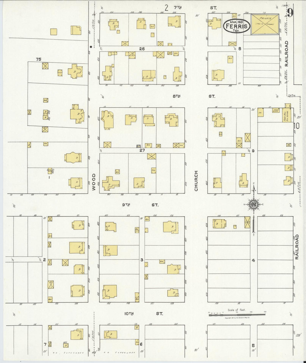 Sanborn Fire Insurance Map from Ferris, Ellis County, Texas (1921), Sheet #0009 - Complete Map Set gallery image, historic Sanborn map, vintage wall art, Texas Texas