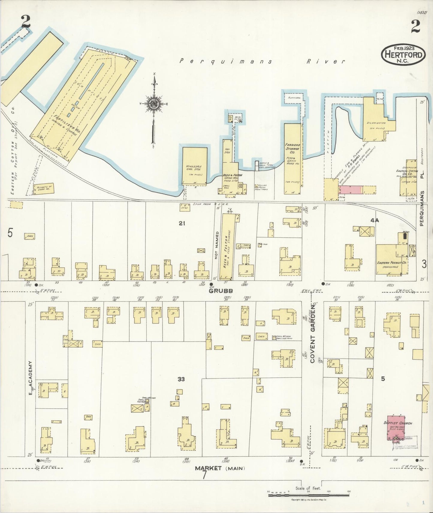 Sanborn Fire Insurance Map from Hertford, Perquimans County, North Carolina (1923), Sheet #0002 - Historic Sanborn Fire Insurance Map Print, vintage old map wall art, antique decor, genealogy gift, North Carolina North Carolina map