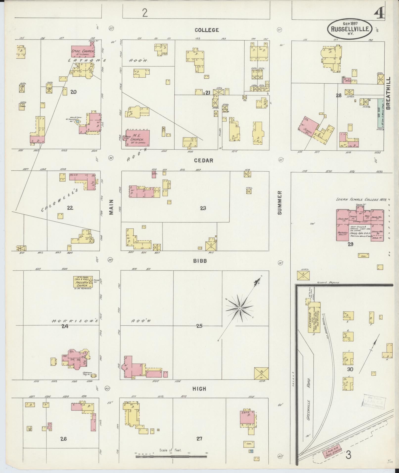 Sanborn Fire Insurance Map from Russellville, Logan County, Kentucky (1897), Sheet #0004 - Historic Sanborn Fire Insurance Map Print, vintage old map wall art, antique decor, genealogy gift, Kentucky Kentucky map