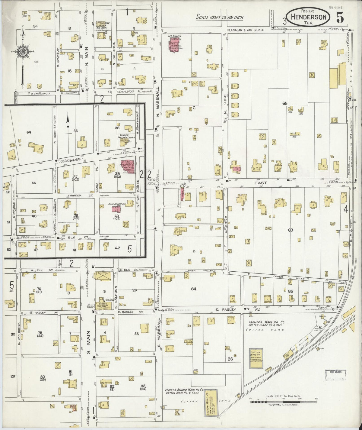 Sanborn Fire Insurance Map from Henderson, Rusk County, Texas (1919), Sheet #0005 - Complete Map Set gallery image, historic Sanborn map, vintage wall art, Texas Texas