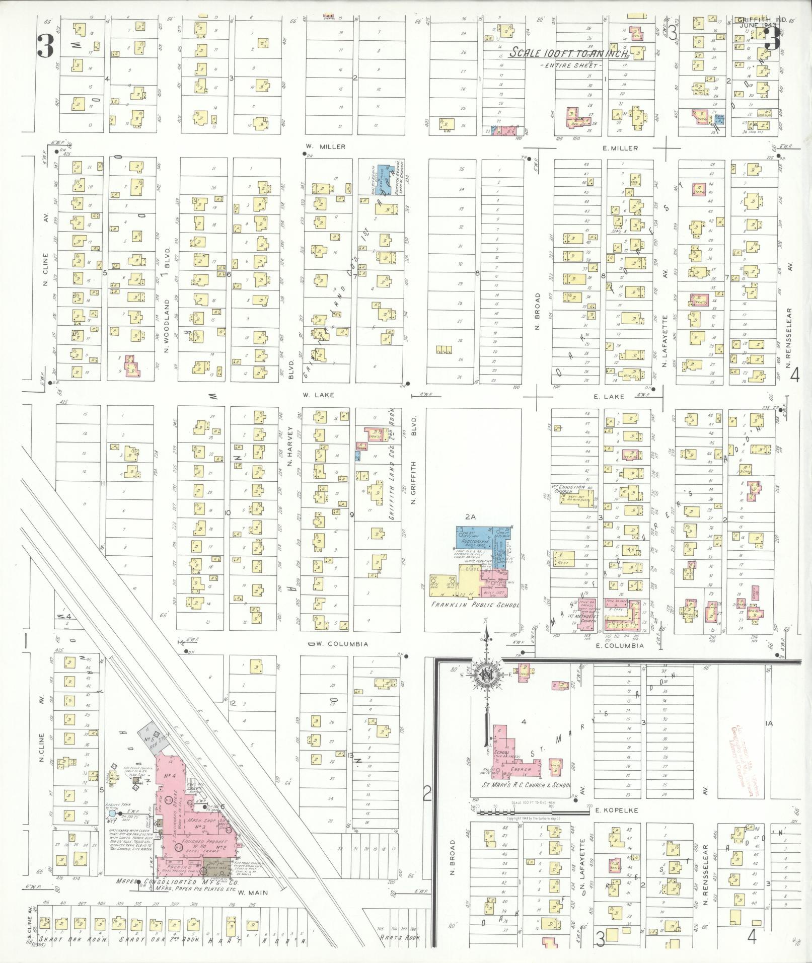 Sanborn Fire Insurance Map from Griffith, Lake County, Indiana (1943), Sheet #0003 - Complete Map Set gallery image, historic Sanborn map, vintage wall art, Indiana Indiana
