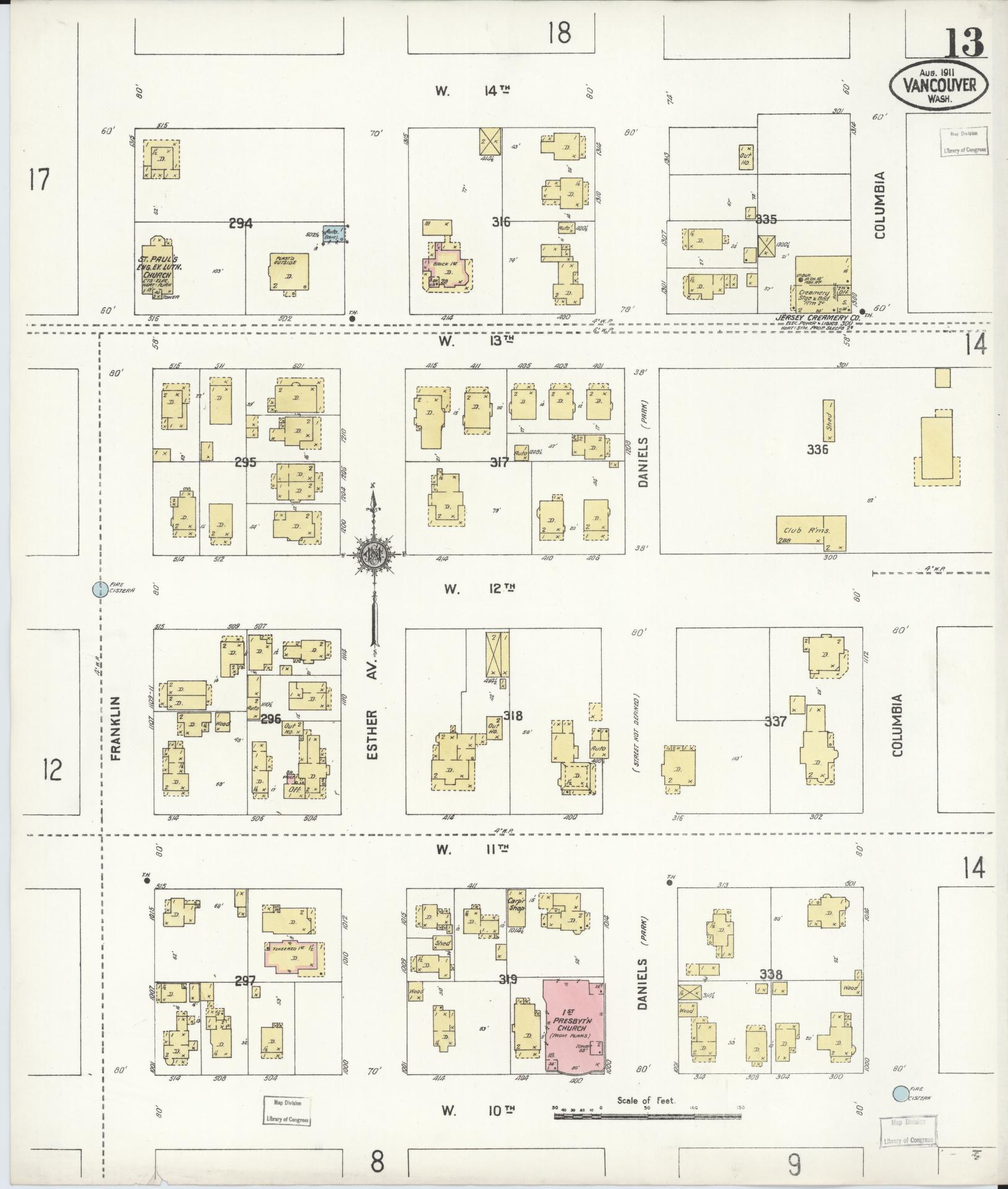 Sanborn Fire Insurance Map from Vancouver, Clark County, Washington (1911), Sheet #0013 - Complete Map Set gallery image, historic Sanborn map, vintage wall art, Washington Washington