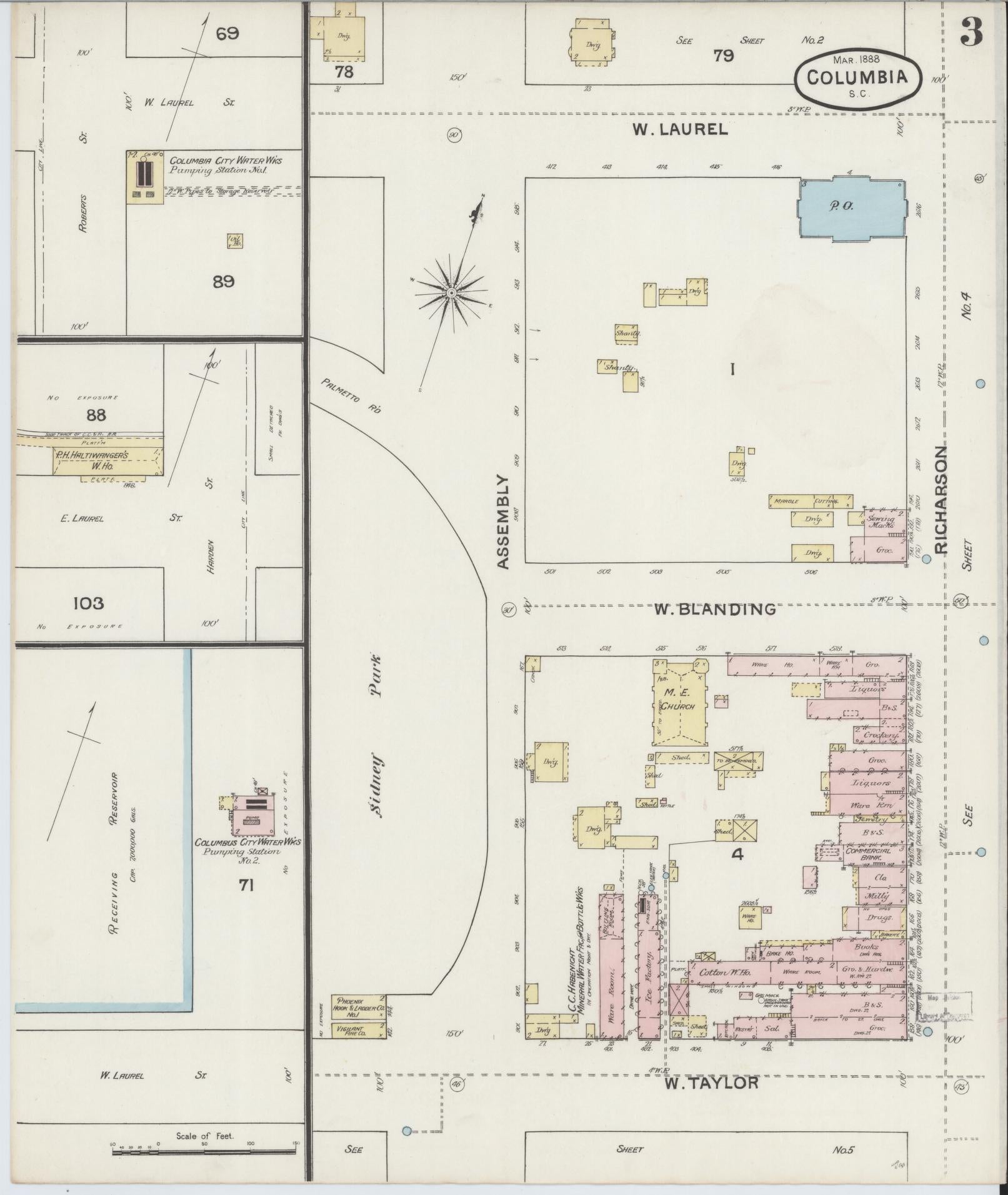 Sanborn Fire Insurance Map from Columbia, Richland County, South Carolina (1888), Sheet #0003 - Historic Sanborn Fire Insurance Map Print, vintage old map wall art, antique decor, genealogy gift, South Carolina South Carolina map