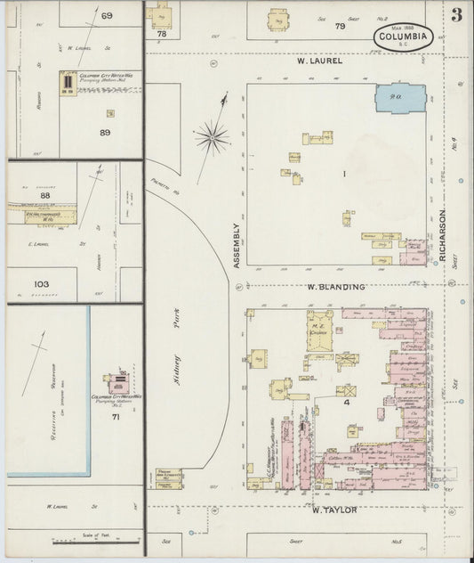 Sanborn Fire Insurance Map from Columbia, Richland County, South Carolina (1888), Sheet #0003 - Historic Sanborn Fire Insurance Map Print, vintage old map wall art, antique decor, genealogy gift, South Carolina South Carolina map