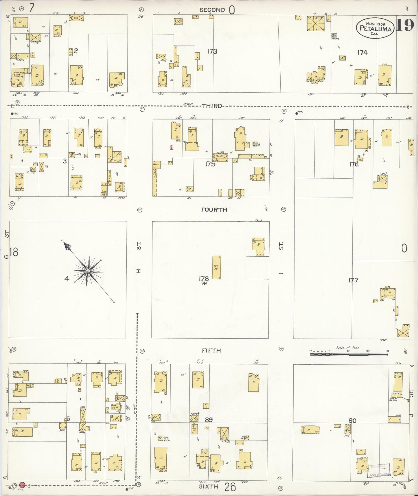 Sanborn Fire Insurance Map from Petaluma, Sonoma County, California (1906), Sheet #0019 - Complete Map Set gallery image, historic Sanborn map, vintage wall art, California California