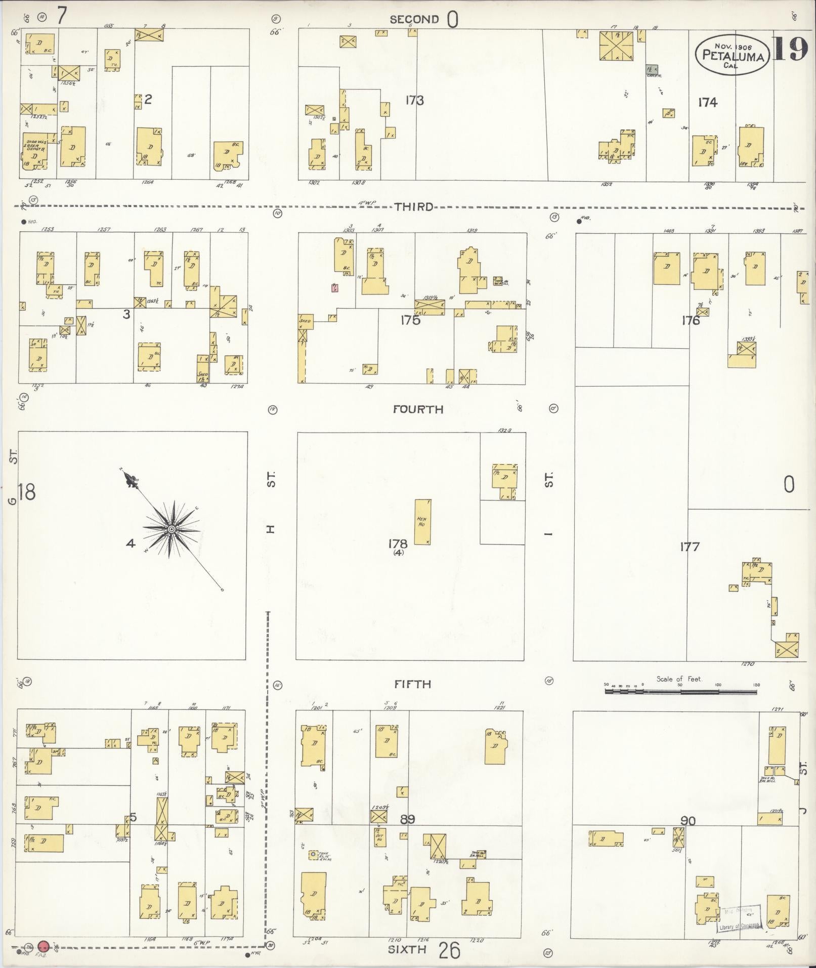 Sanborn Fire Insurance Map from Petaluma, Sonoma County, California (1906), Sheet #0019 - Complete Map Set gallery image, historic Sanborn map, vintage wall art, California California