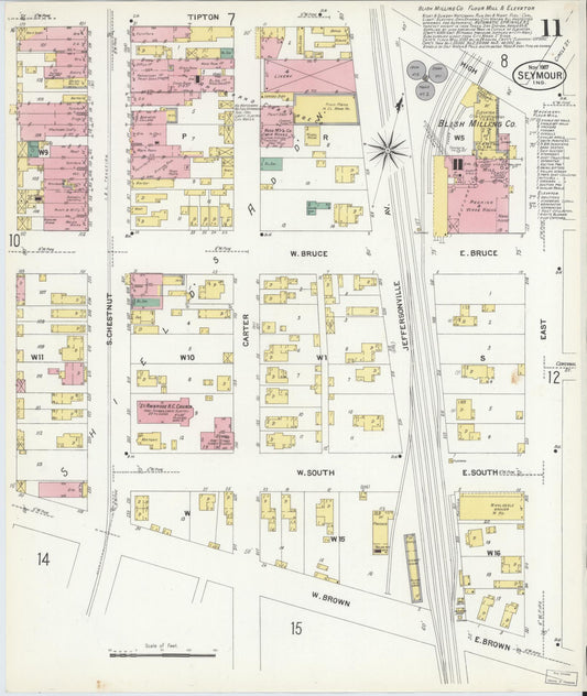 Sanborn Fire Insurance Map from Seymour, Jackson County, Indiana (1907), Sheet #0011 - Historic Sanborn Fire Insurance Map Print, vintage old map wall art, antique decor, genealogy gift, Indiana Indiana map