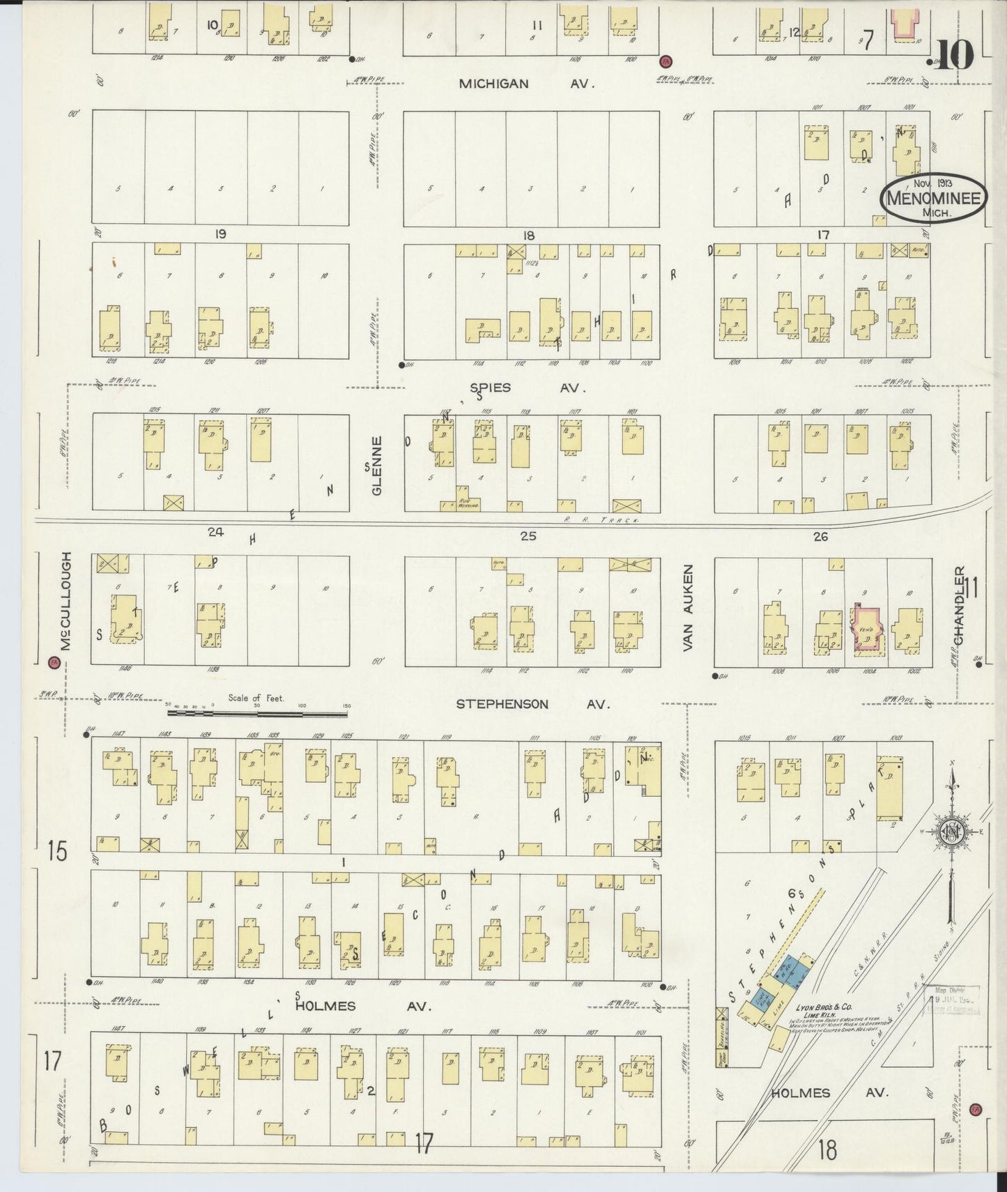 Sanborn Fire Insurance Map from Menominee, Menominee County, Michigan (1913), Sheet #0010 - Historic Sanborn Fire Insurance Map Print, vintage old map wall art, antique decor, genealogy gift, Michigan Michigan map