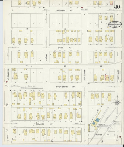 Sanborn Fire Insurance Map from Menominee, Menominee County, Michigan (1913), Sheet #0010 - Historic Sanborn Fire Insurance Map Print, vintage old map wall art, antique decor, genealogy gift, Michigan Michigan map
