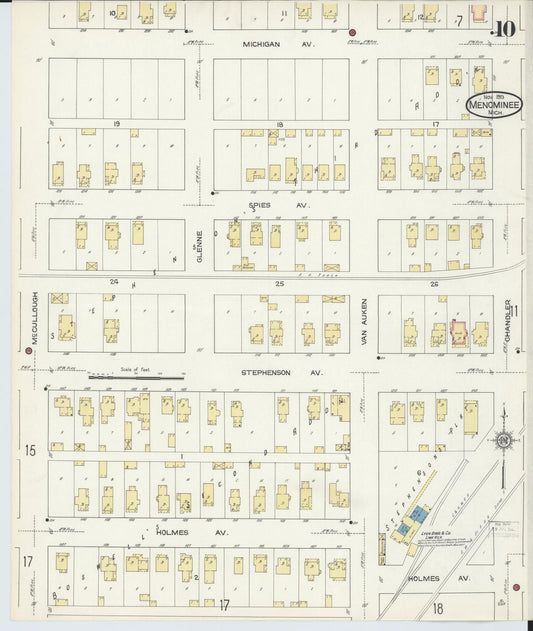 Sanborn Fire Insurance Map from Menominee, Menominee County, Michigan (1913), Sheet #0010 - Historic Sanborn Fire Insurance Map Print, vintage old map wall art, antique decor, genealogy gift, Michigan Michigan map
