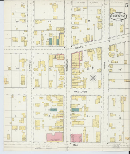 Sanborn Fire Insurance Map from East Tawas, Iosco County, Michigan (1893), Sheet #0005 - Complete Map Set gallery image, historic Sanborn map, vintage wall art, Michigan Michigan