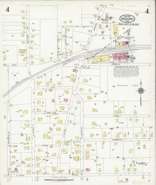 Sanborn Fire Insurance Map from Kosciusko, Attala County, Mississippi (1925), Sheet #0004 - Historic Sanborn Fire Insurance Map Print, vintage old map wall art, antique decor, genealogy gift, Mississippi Mississippi map