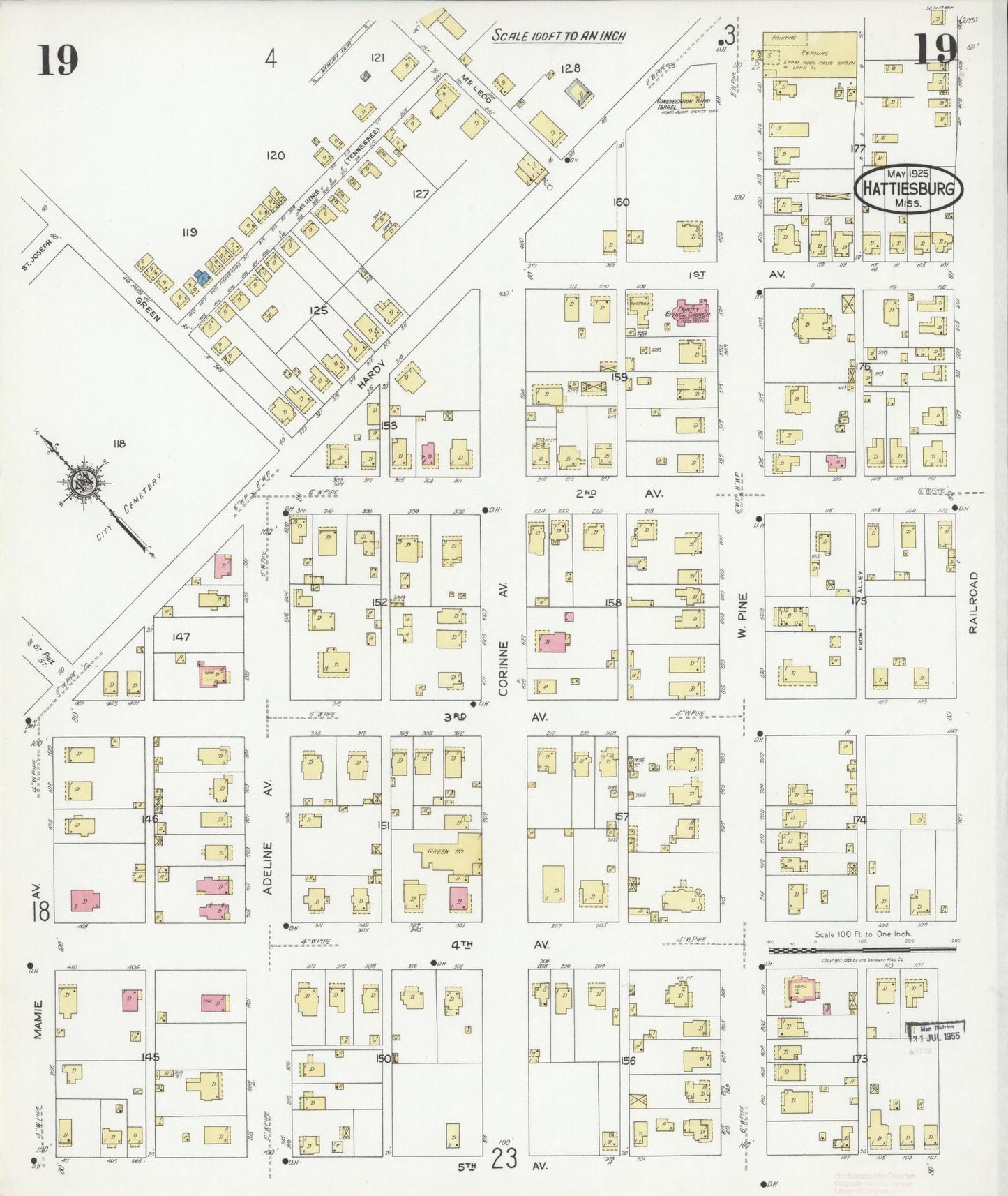 Sanborn Fire Insurance Map from Hattiesburg, Forrest County, Mississippi (1925), Sheet #0019 - Complete Map Set gallery image, historic Sanborn map, vintage wall art, Mississippi Mississippi