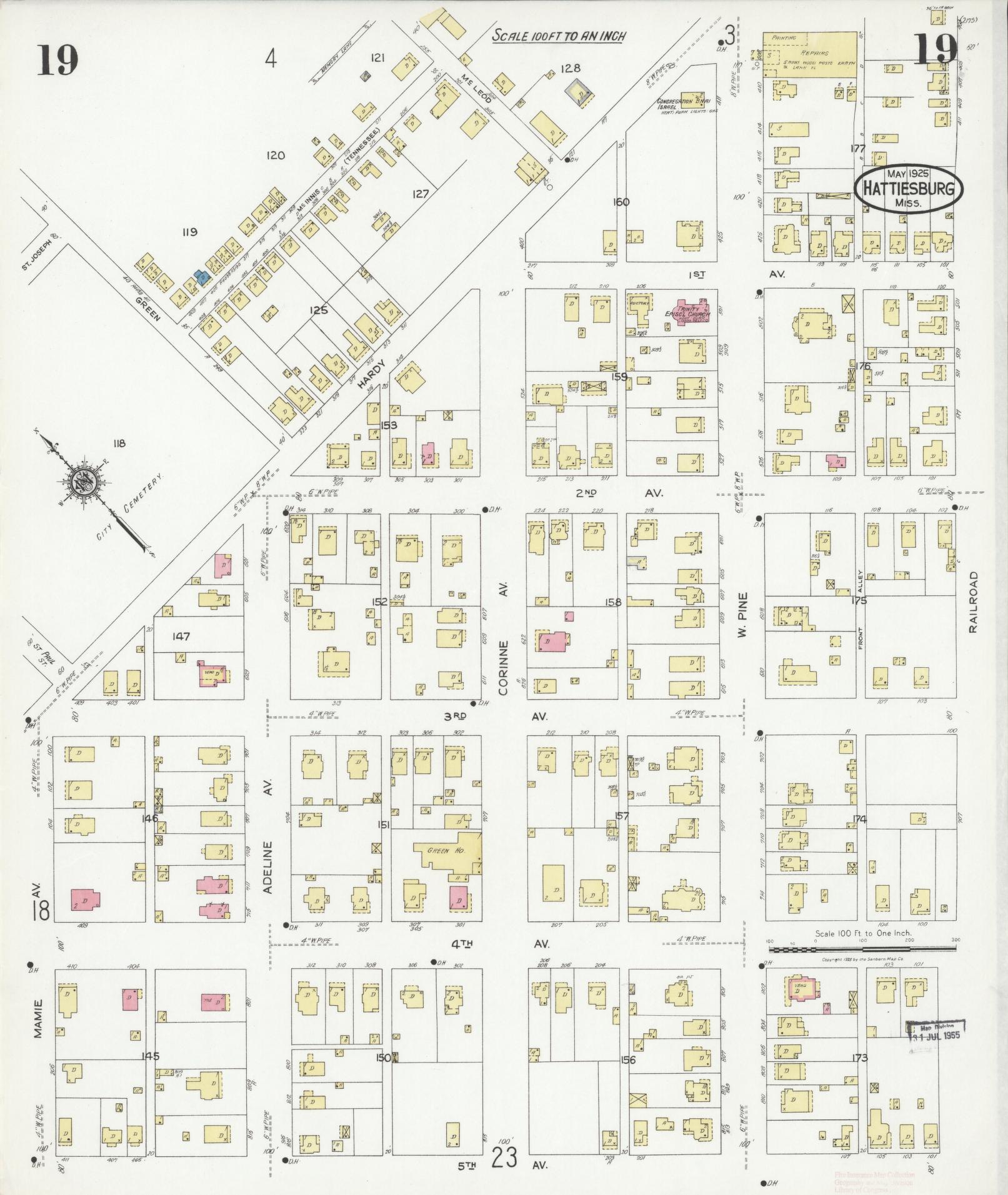 Sanborn Fire Insurance Map from Hattiesburg, Forrest County, Mississippi (1925), Sheet #0019 - Complete Map Set gallery image, historic Sanborn map, vintage wall art, Mississippi Mississippi
