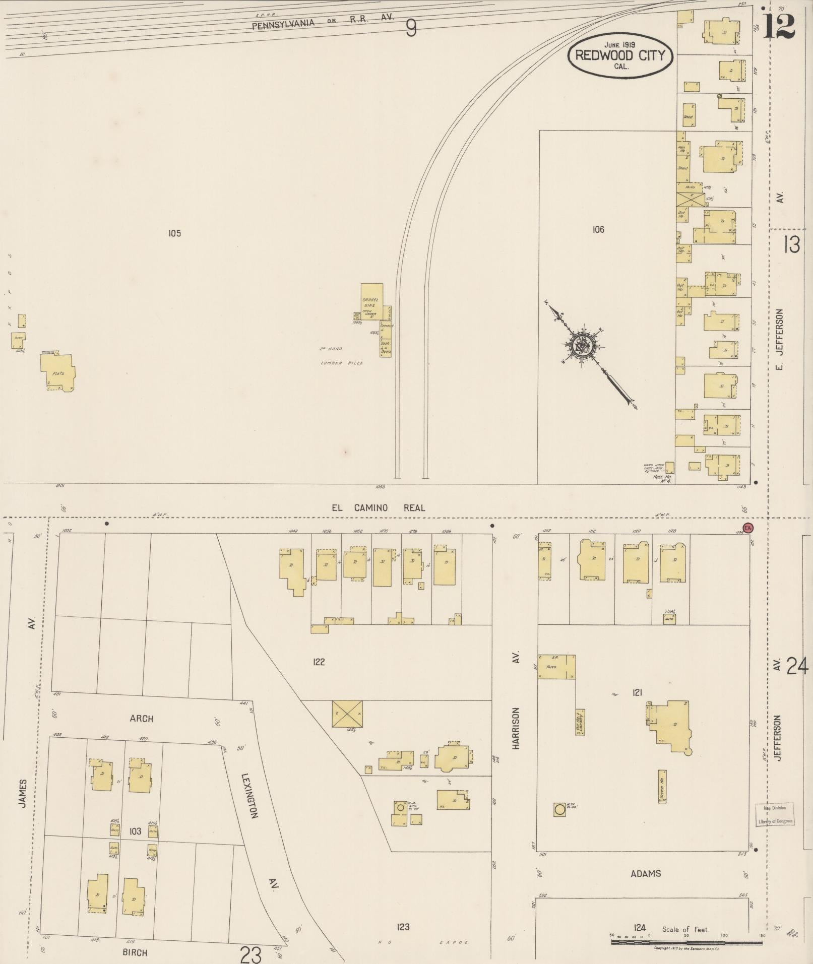 Sanborn Fire Insurance Map from Redwood City, San Mateo County, California (1919), Sheet #0012 - Complete Map Set gallery image, historic Sanborn map, vintage wall art, California California