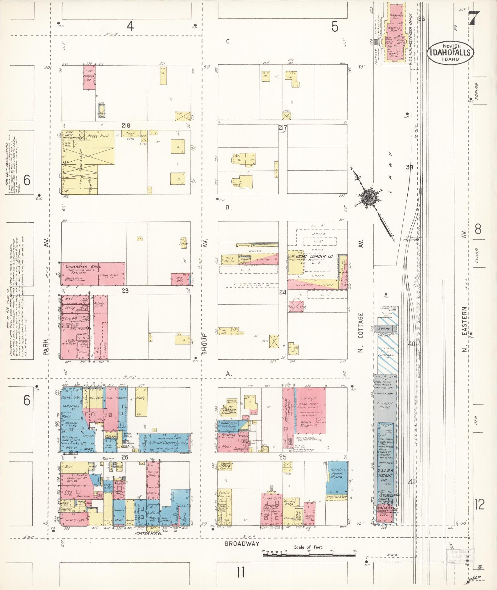 Sanborn Fire Insurance Map from Idaho Falls, Bonneville County, Idaho (1911), Sheet #0007 - Complete Map Set gallery image, historic Sanborn map, vintage wall art, Idaho Idaho