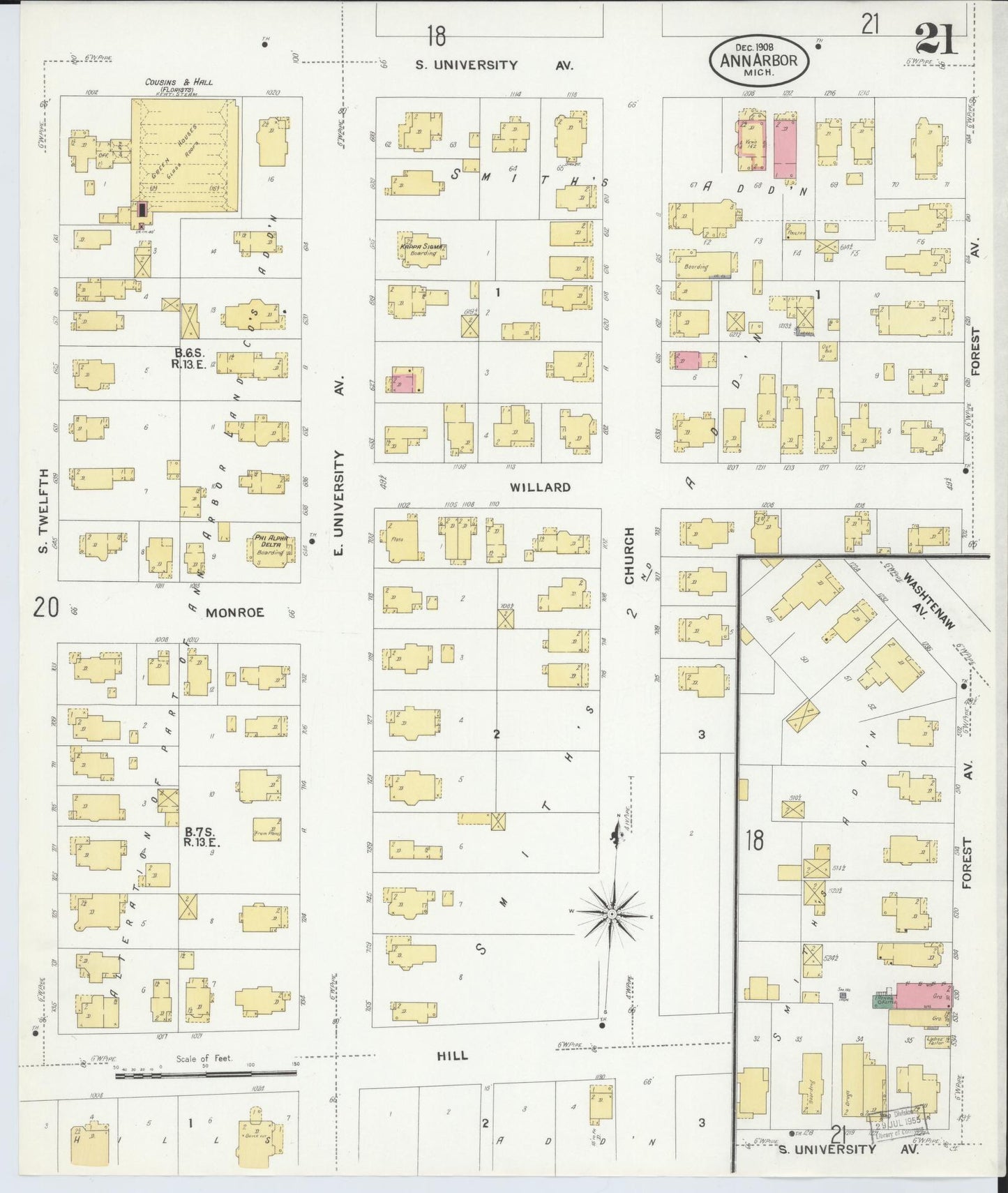 Sanborn Fire Insurance Map from Ann Arbor, Washtenaw County, Michigan (1908), Sheet #0021 - Historic Sanborn Fire Insurance Map Print, vintage old map wall art, antique decor, genealogy gift, Michigan Michigan map