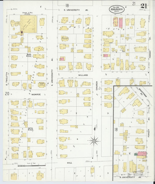Sanborn Fire Insurance Map from Ann Arbor, Washtenaw County, Michigan (1908), Sheet #0021 - Historic Sanborn Fire Insurance Map Print, vintage old map wall art, antique decor, genealogy gift, Michigan Michigan map
