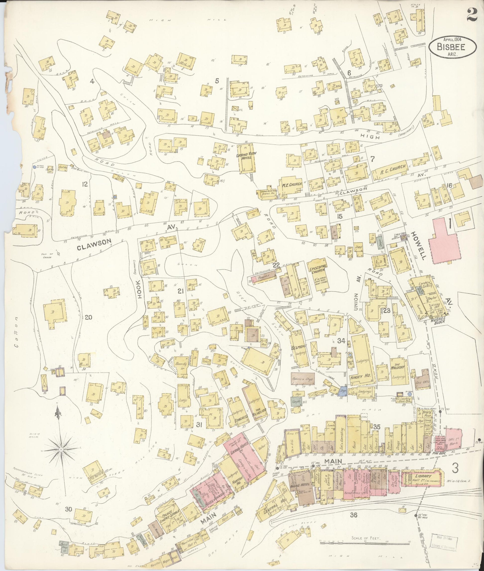 Sanborn Fire Insurance Map from Bisbee, Cochise County, Arizona (1904), Sheet #0002 - Historic Sanborn Fire Insurance Map Print, vintage old map wall art, antique decor, genealogy gift, Arizona Arizona map