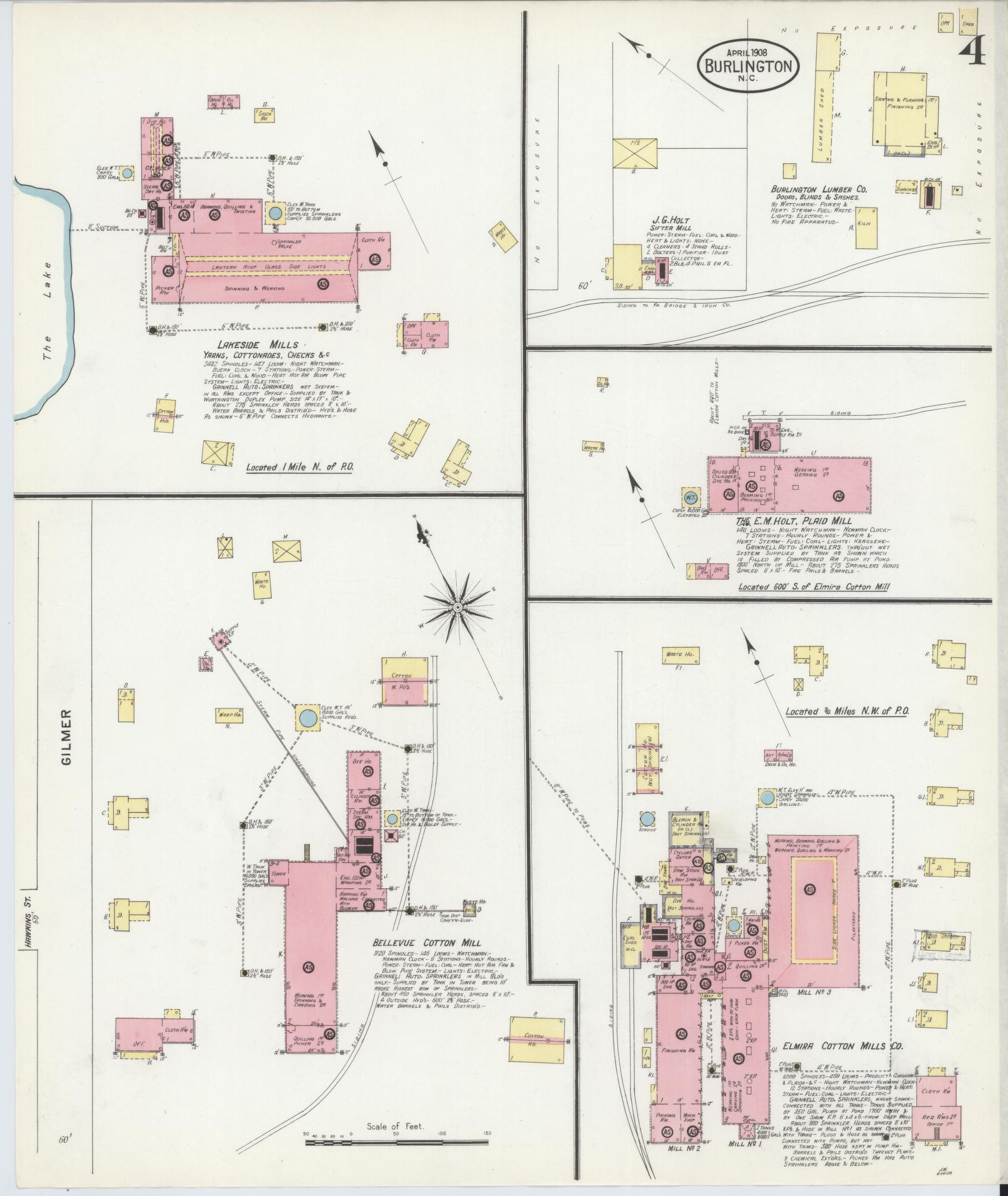 Sanborn Fire Insurance Map from Burlington, Alamance County, North Carolina (1908), Sheet #0004 - Complete Map Set gallery image, historic Sanborn map, vintage wall art, North Carolina North Carolina