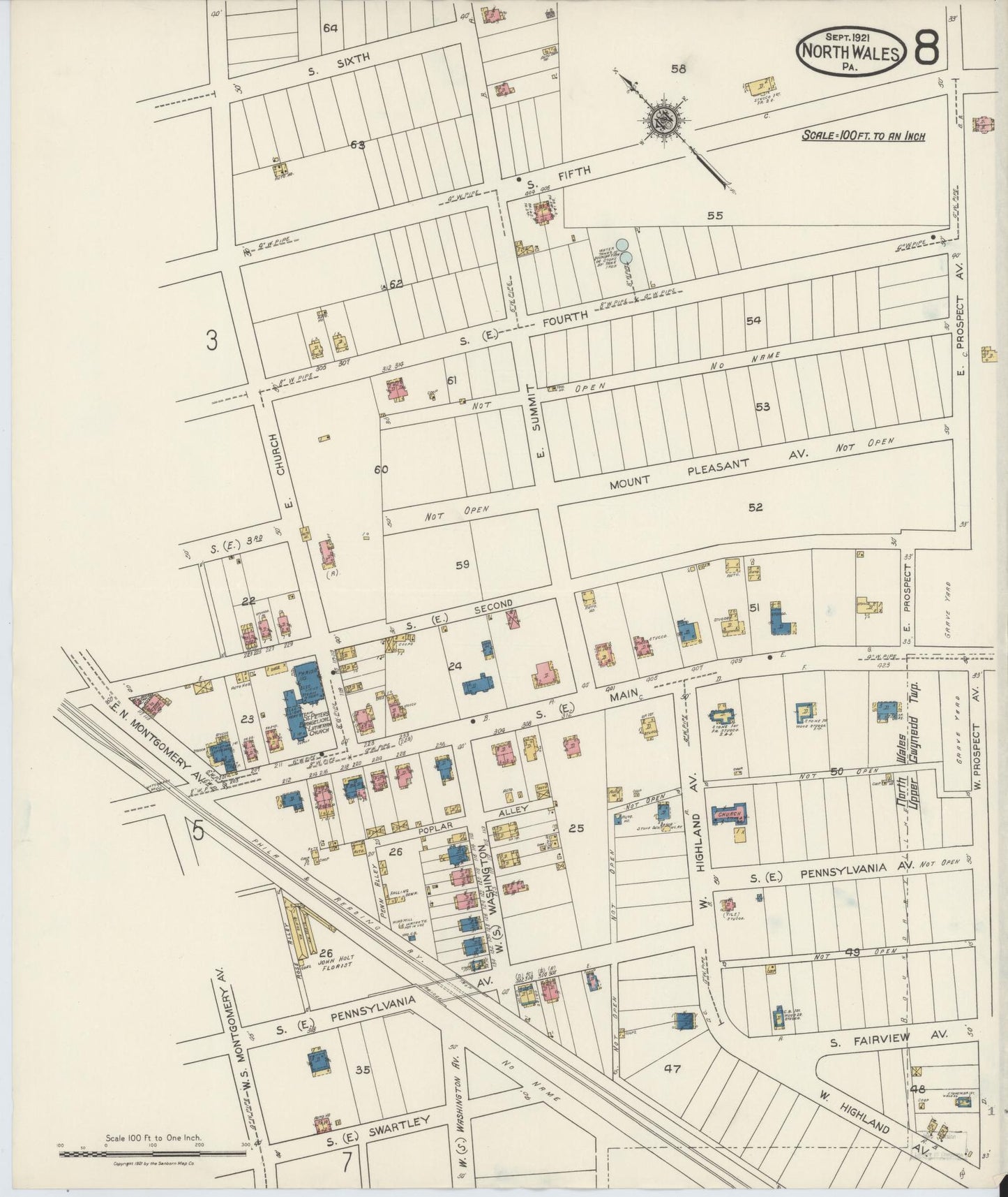 Sanborn Fire Insurance Map from North Wales, Montgomery County, Pennsylvania (1921), Sheet #0008 - Historic Sanborn Fire Insurance Map Print, vintage old map wall art, antique decor, genealogy gift, Pennsylvania Pennsylvania map
