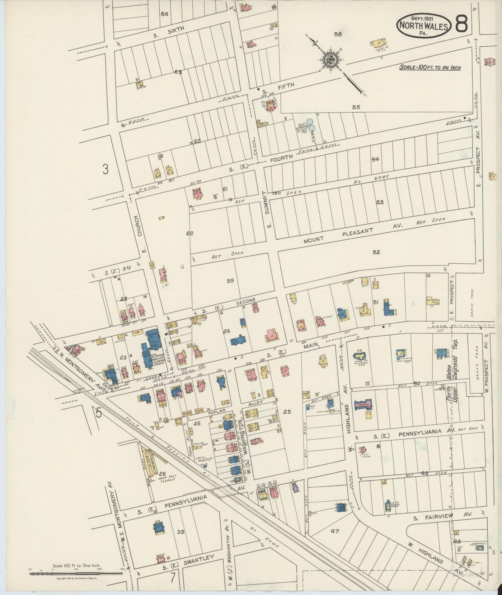 Sanborn Fire Insurance Map from North Wales, Montgomery County, Pennsylvania (1921), Sheet #0008 - Historic Sanborn Fire Insurance Map Print, vintage old map wall art, antique decor, genealogy gift, Pennsylvania Pennsylvania map
