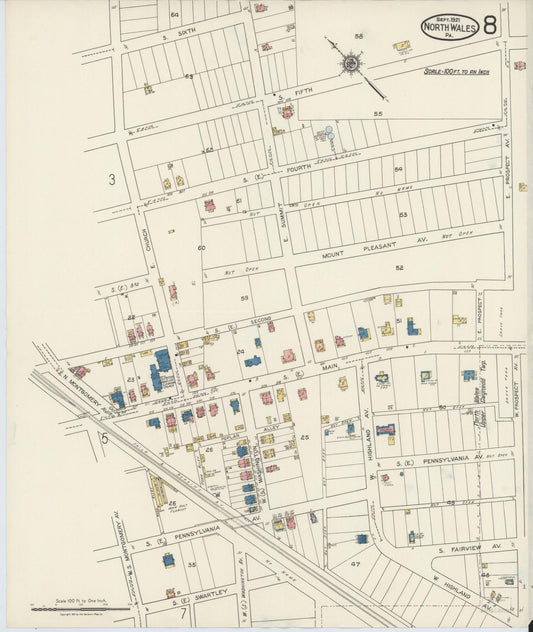 Sanborn Fire Insurance Map from North Wales, Montgomery County, Pennsylvania (1921), Sheet #0008 - Historic Sanborn Fire Insurance Map Print, vintage old map wall art, antique decor, genealogy gift, Pennsylvania Pennsylvania map
