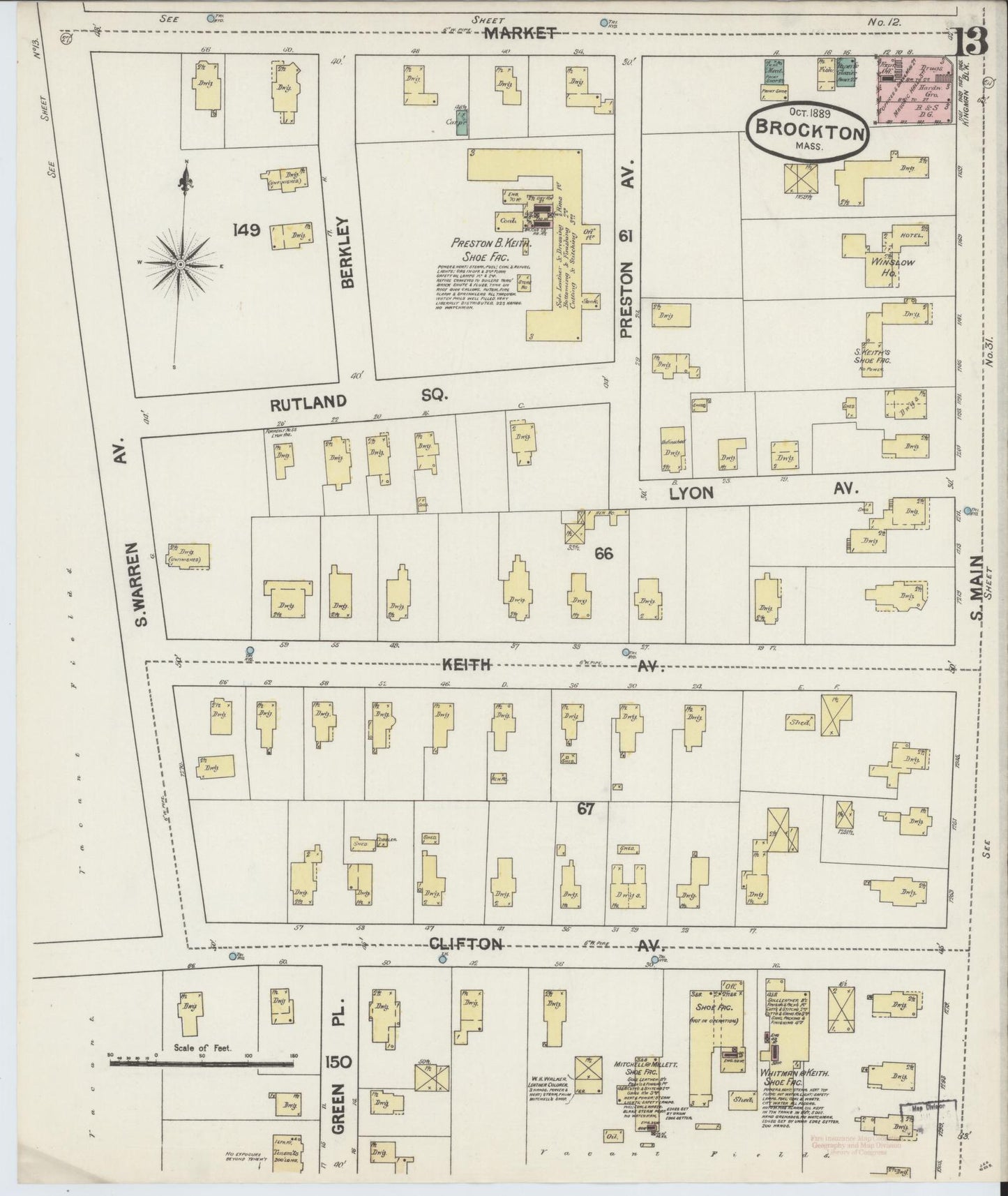 Sanborn Fire Insurance Map from Brockton, Plymouth County, Massachusetts (1889), Sheet #0013 - Complete Map Set gallery image, historic Sanborn map, vintage wall art, Massachusetts Massachusetts