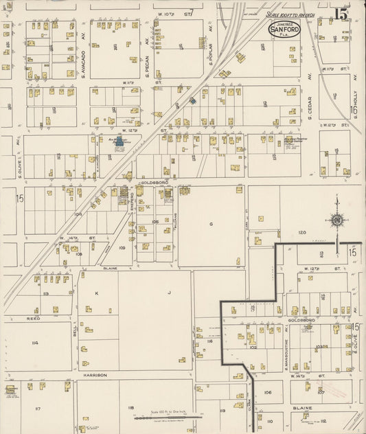 Sanborn Fire Insurance Map from Sanford, Seminole County, Florida (1922), Sheet #0015 - Historic Sanborn Fire Insurance Map Print, vintage old map wall art, antique decor, genealogy gift, Florida Florida map