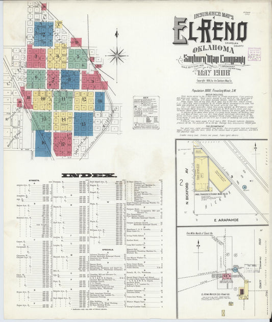 Sanborn Fire Insurance Map from El Reno, Canadian County, Oklahoma (1908), Sheet #0001 - Historic Sanborn Fire Insurance Map Print, vintage old map wall art, antique decor, genealogy gift, Oklahoma Oklahoma map