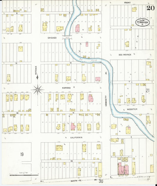 Sanborn Fire Insurance Map from Fort Madison, Lee County, Iowa (1907), Sheet #0020 - Historic Sanborn Fire Insurance Map Print, vintage old map wall art
