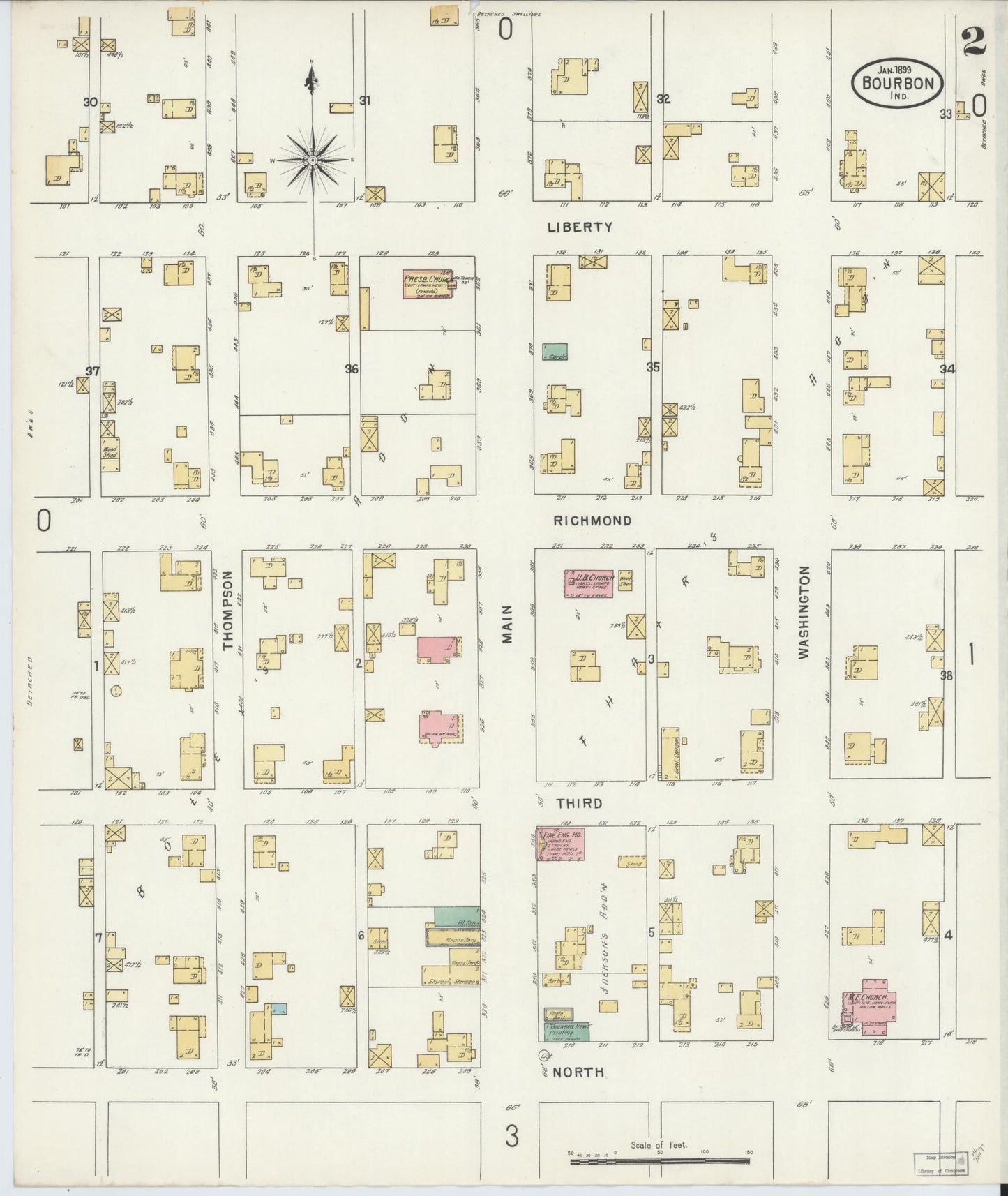 Sanborn Fire Insurance Map from Bourbon, Marshall County, Indiana (1899), Sheet #0002 - Historic Sanborn Fire Insurance Map Print, vintage old map wall art, antique decor, genealogy gift, Indiana Indiana map