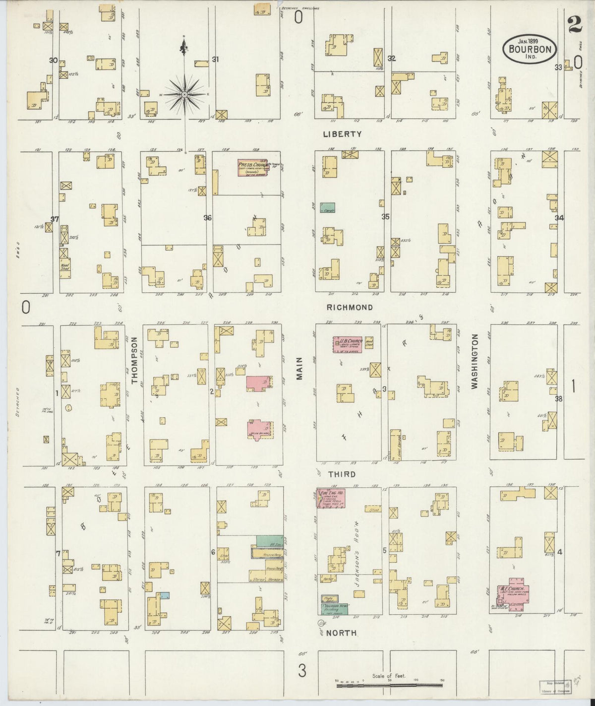 Sanborn Fire Insurance Map from Bourbon, Marshall County, Indiana (1899), Sheet #0002 - Historic Sanborn Fire Insurance Map Print, vintage old map wall art, antique decor, genealogy gift, Indiana Indiana map