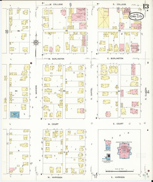 Sanborn Fire Insurance Map from Iowa City, Johnson County, Iowa (1912), Sheet #0013 - Historic Sanborn Fire Insurance Map Print, vintage old map wall art