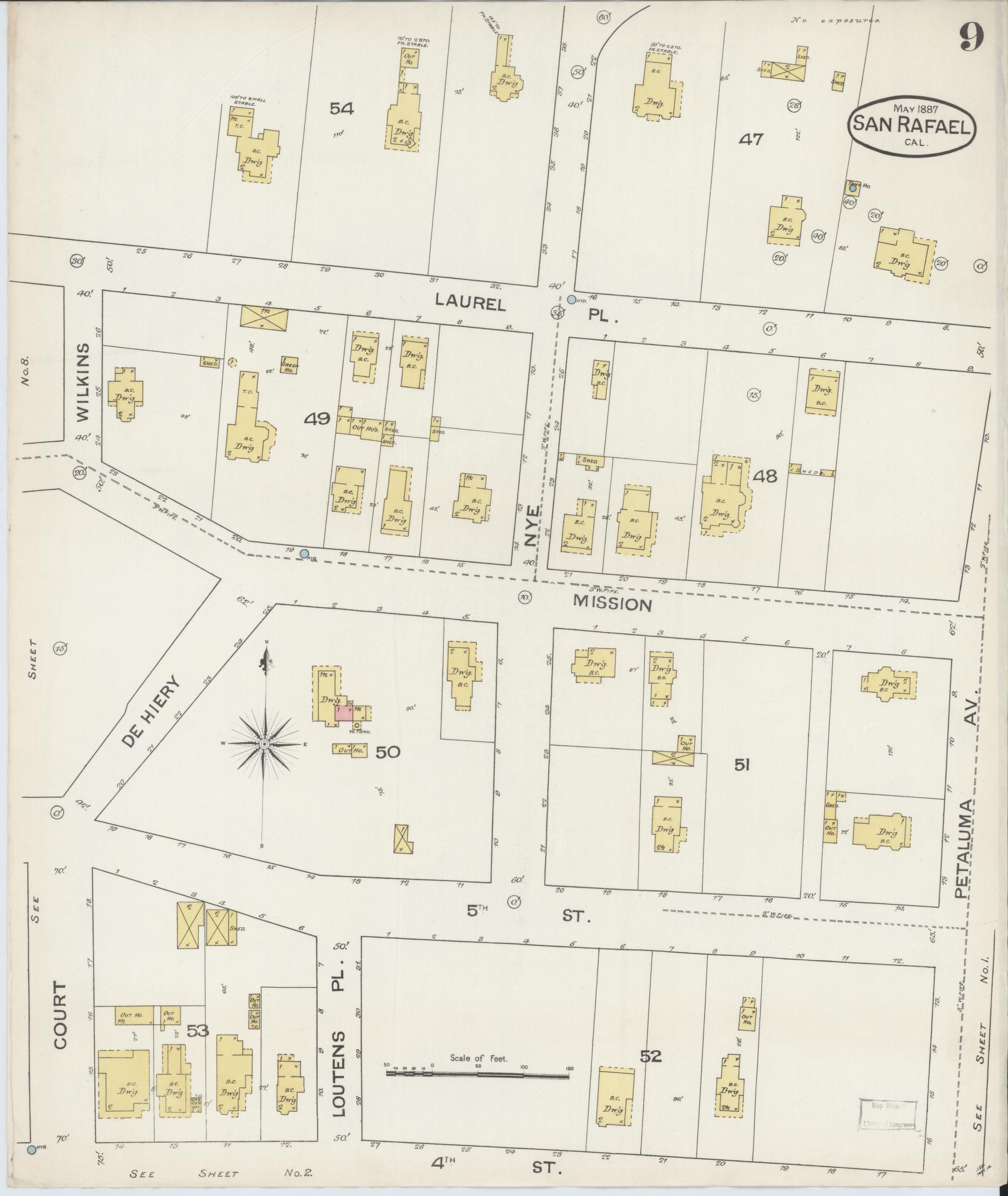 Sanborn Fire Insurance Map from San Rafael, Marin County, California (1887), Sheet #0009 - Complete Map Set gallery image, historic Sanborn map, vintage wall art, California California