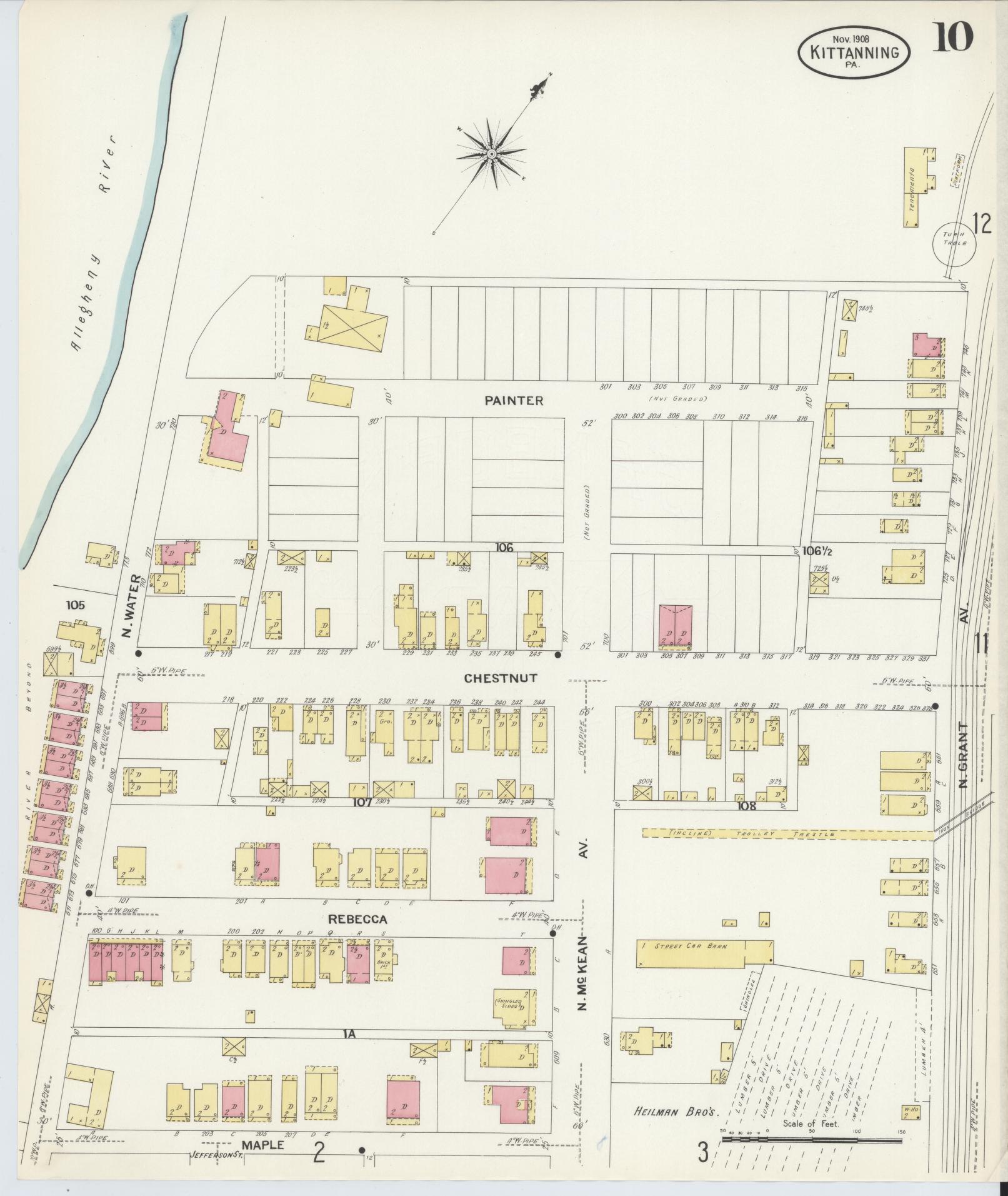 Sanborn Fire Insurance Map from Kittanning, Armstrong County, Pennsylvania (1909), Sheet #0010 - Complete Map Set gallery image, historic Sanborn map, vintage wall art, Pennsylvania Pennsylvania