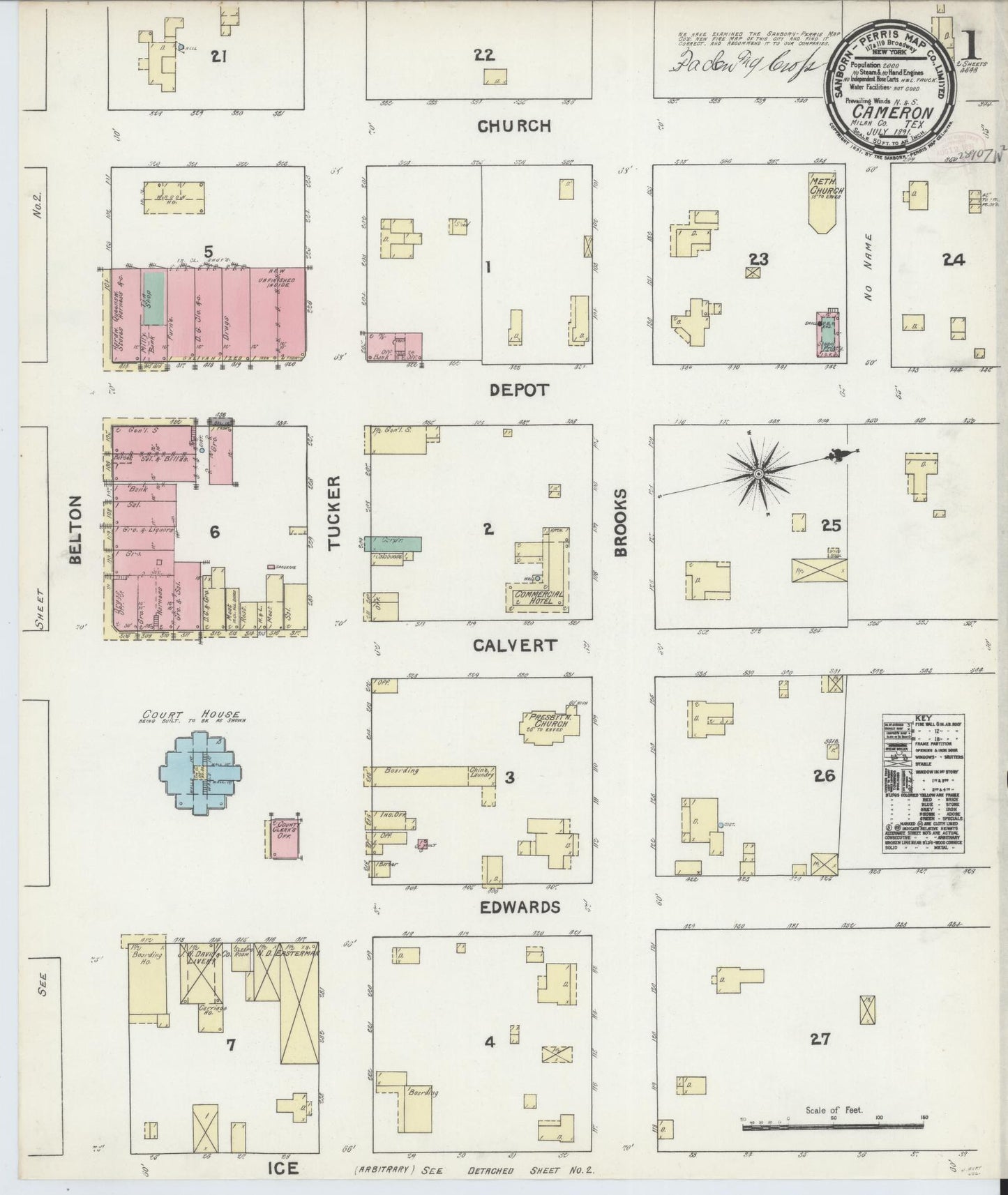 Sanborn Fire Insurance Map from Cameron, Milam County, Texas (1891), Sheet #0001 - Complete Map Set gallery image, historic Sanborn map, vintage wall art, Texas Texas