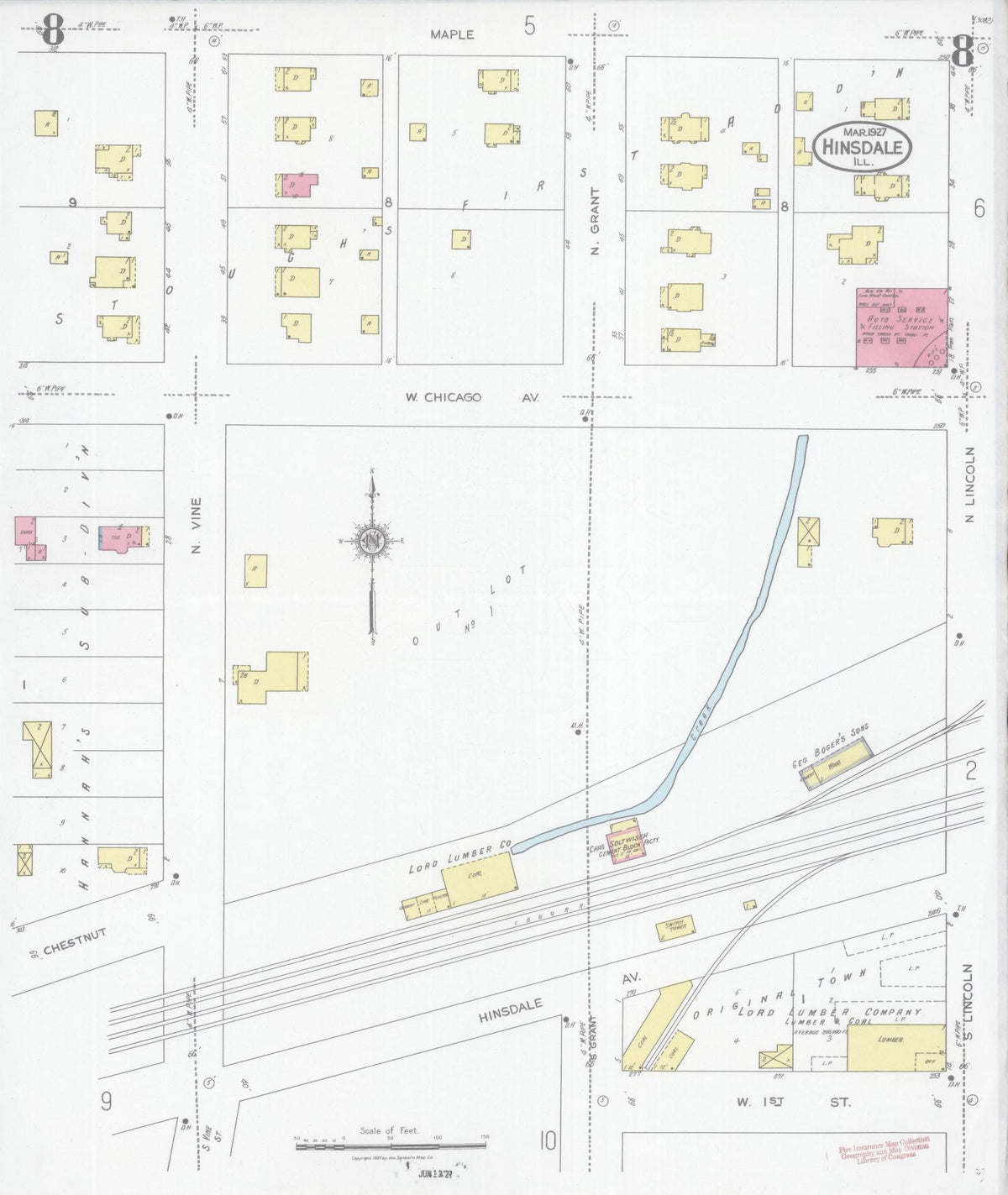 Sanborn Fire Insurance Map from Hinsdale, Du Page And Cook Counties, Illinois (1927), Sheet #0008 - Complete Map Set gallery image, historic Sanborn map, vintage wall art, Illinois Illinois