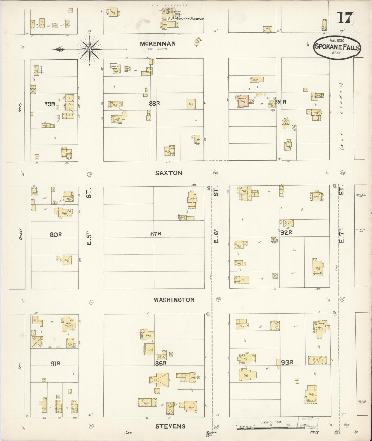 Sanborn Fire Insurance Map from Spokane, Spokane County, Washington (1890), Sheet #0017 - Historic Sanborn Fire Insurance Map Print, vintage old map wall art, antique decor, genealogy gift, Washington Washington map