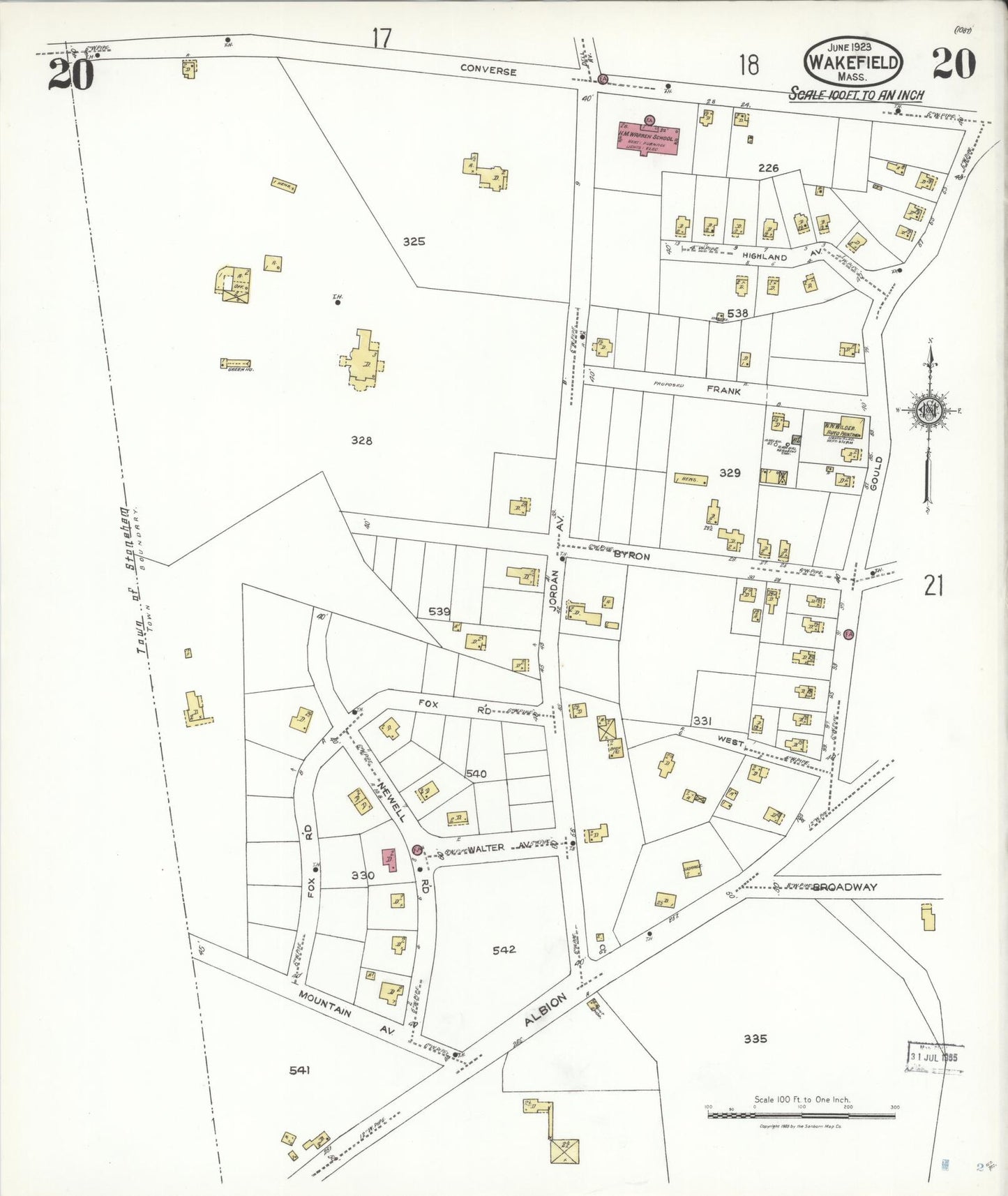 Sanborn Fire Insurance Map from Wakefield, Middlesex County, Massachusetts (1923), Sheet #0020 - Historic Sanborn Fire Insurance Map Print, vintage old map wall art, antique decor, genealogy gift, Massachusetts Massachusetts map