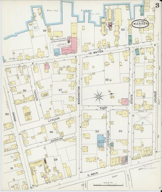 Sanborn Fire Insurance Map from Warren, Bristol County, Rhode Island (1892), Sheet #0003 - Historic Sanborn Fire Insurance Map Print, vintage old map wall art, antique decor, genealogy gift, Rhode Island Rhode Island map