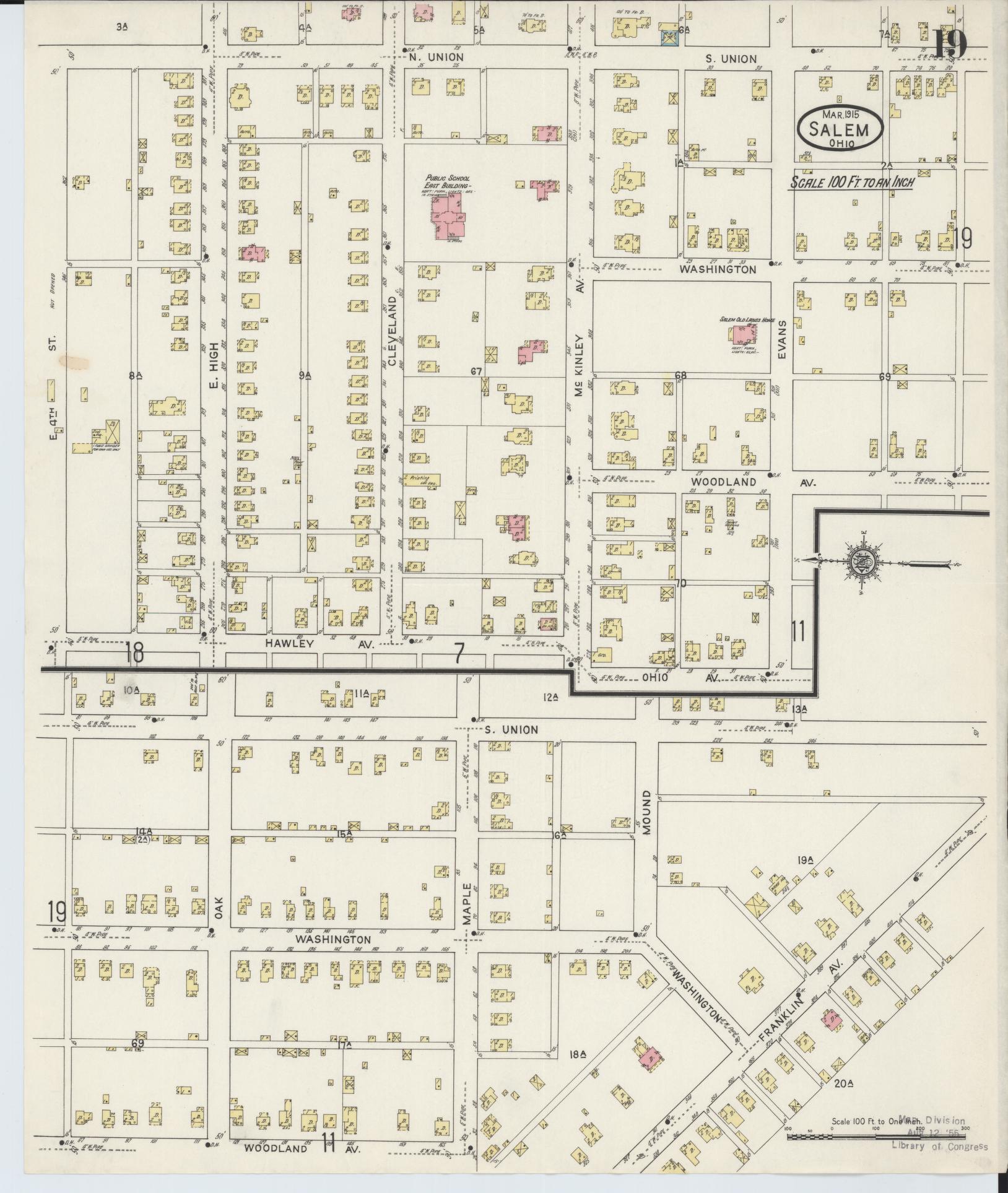 Sanborn Fire Insurance Map from Salem, Columbiana County, Ohio (1915), Sheet #0019 - Complete Map Set gallery image, historic Sanborn map, vintage wall art, Ohio Ohio