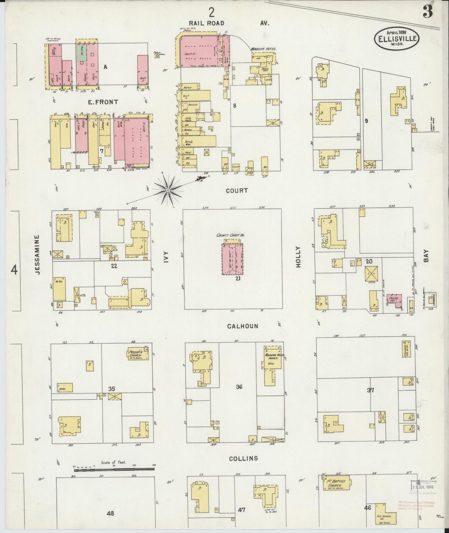 Sanborn Fire Insurance Map from Ellisville, Jones County, Mississippi (1898), Sheet #0003 - Complete Map Set gallery image, historic Sanborn map, vintage wall art, Mississippi Mississippi