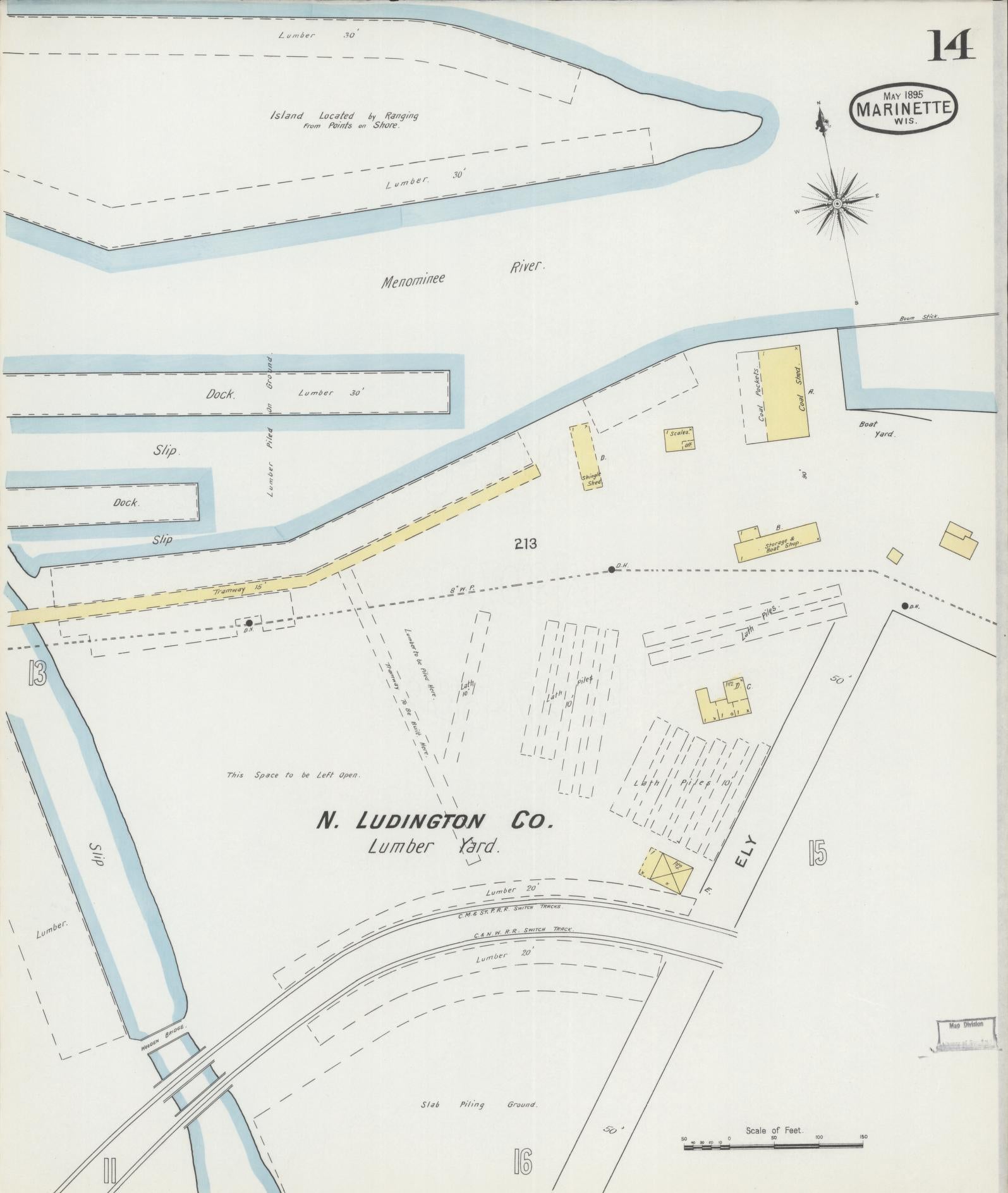 Sanborn Fire Insurance Map from Marinette, Marinette County, Wisconsin (1895), Sheet #0014 - Historic Sanborn Fire Insurance Map Print, vintage old map wall art, antique decor, genealogy gift, Wisconsin Wisconsin map