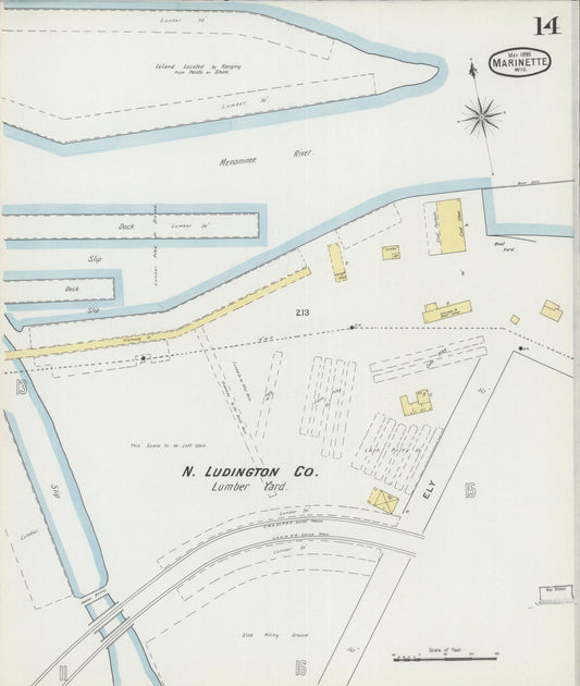 Sanborn Fire Insurance Map from Marinette, Marinette County, Wisconsin (1895), Sheet #0014 - Historic Sanborn Fire Insurance Map Print, vintage old map wall art, antique decor, genealogy gift, Wisconsin Wisconsin map