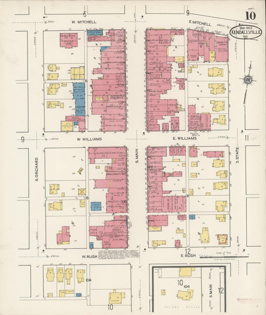 Sanborn Fire Insurance Map from Kendallville, Noble County, Indiana (1922), Sheet #0010 - Historic Sanborn Fire Insurance Map Print, vintage old map wall art, antique decor, genealogy gift, Indiana Indiana map