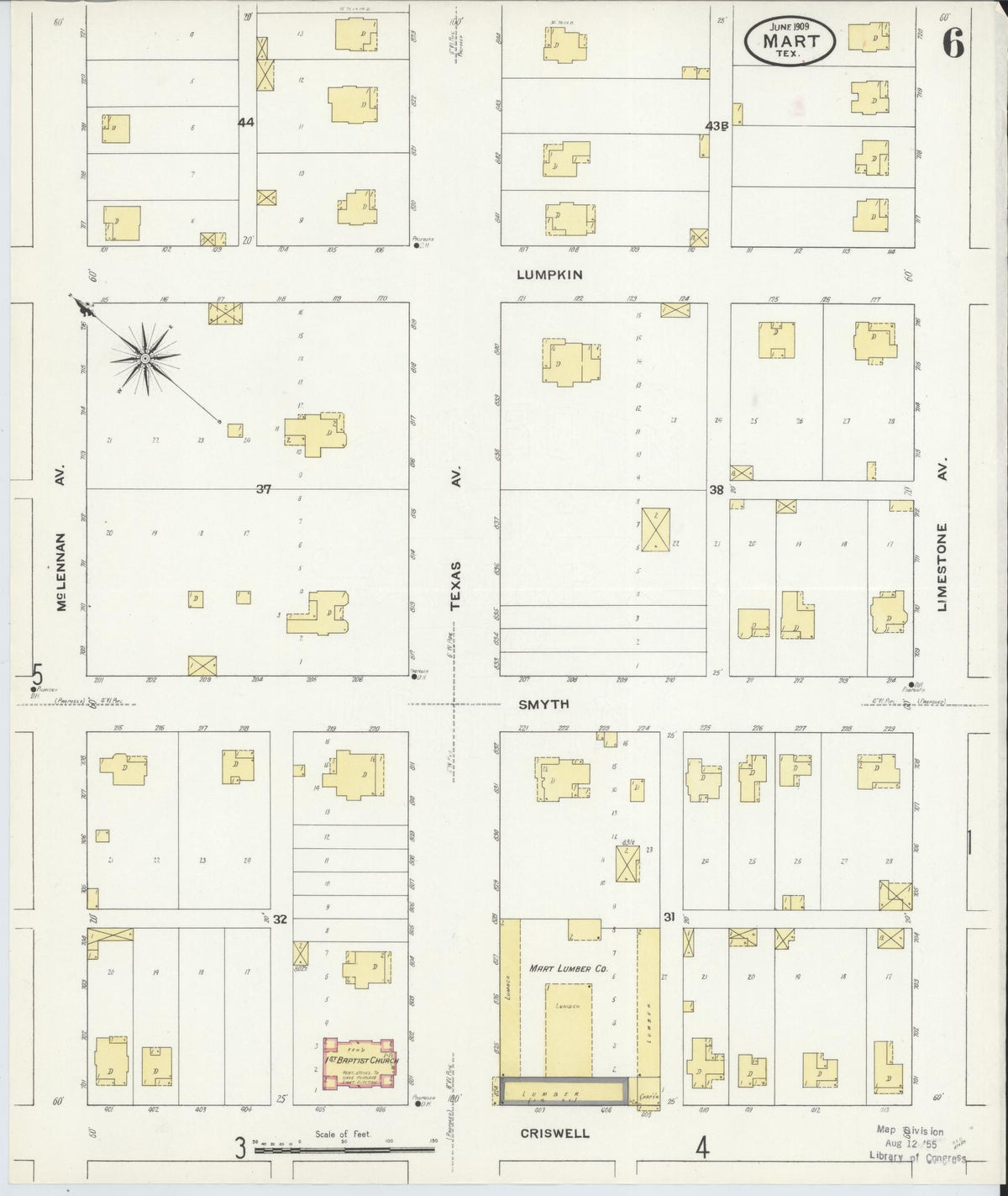 Sanborn Fire Insurance Map from Mart, McLennan County, Texas (1909), Sheet #0006 - Complete Map Set gallery image, historic Sanborn map, vintage wall art, Texas Texas