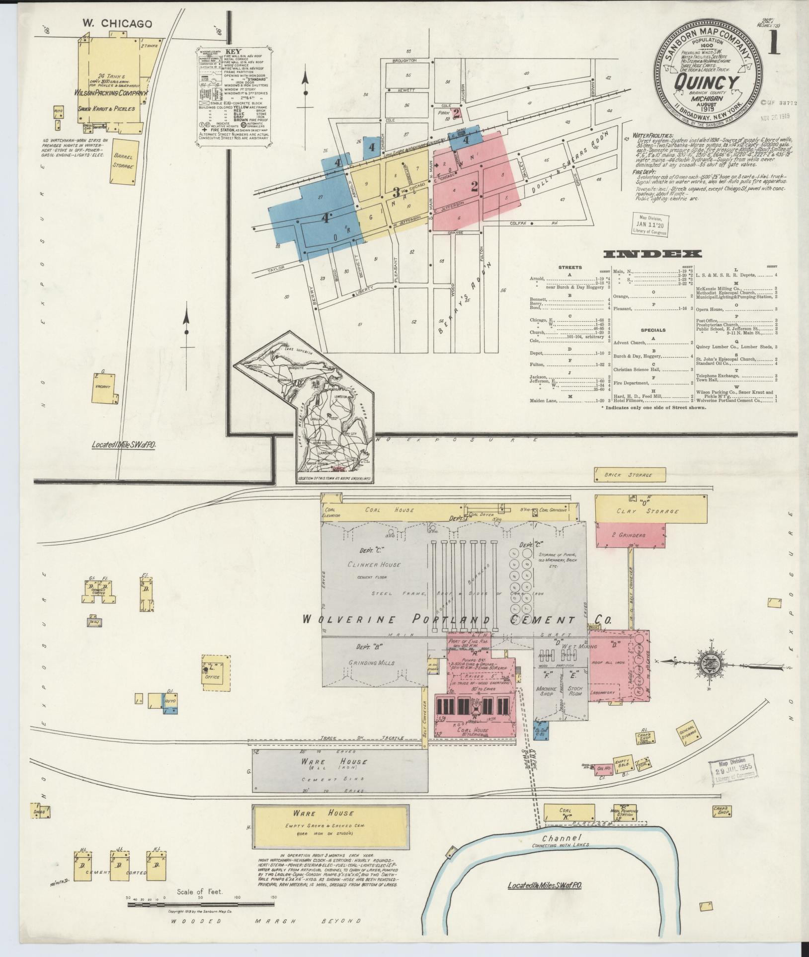 Sanborn Fire Insurance Map from Quincy, Branch County, Michigan (1919), Sheet #0001 - Complete Map Set gallery image, historic Sanborn map, vintage wall art, Michigan Michigan