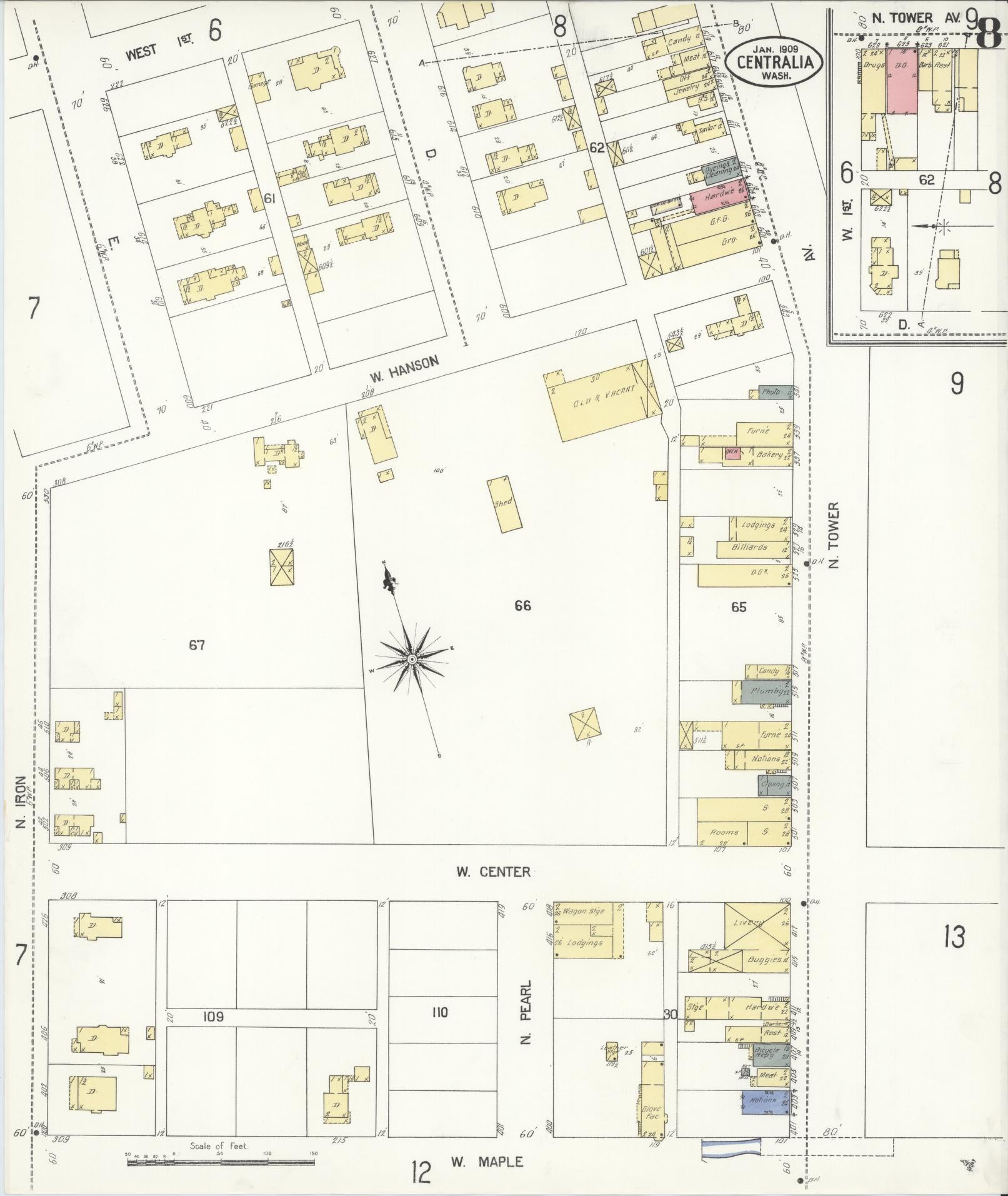 Sanborn Fire Insurance Map from Centralia, Lewis County, Washington (1909), Sheet #0008 - Complete Map Set gallery image, historic Sanborn map, vintage wall art, Washington Washington